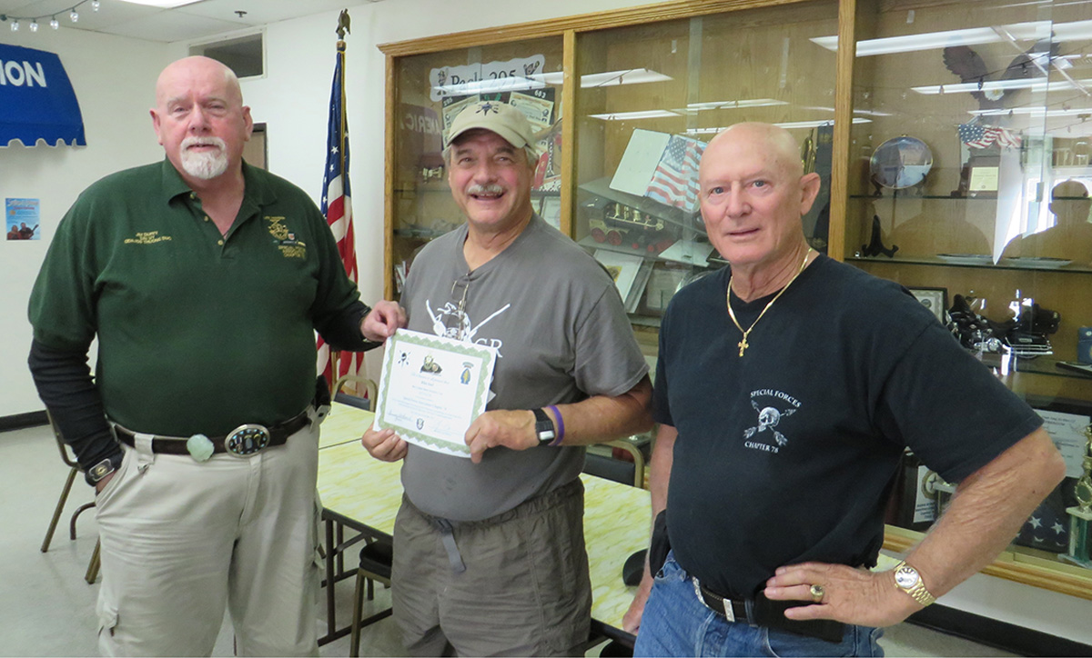 Jim Duffy, Mike Keele, and Lonny Holmes, then Chapter President, presenting a Certificate of Appreciation for Mike’s support of the Third Annual Green Beret Shooters Cup. (Photo courtesy Lonny Holmes)